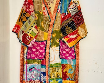 Vintage Handmade Kantha Patchwork Kimono Quilt Jacket Boho Kimono Coat Colorful Robe Festival Wear