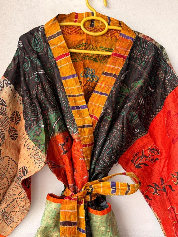 Handmade Patchwork Kantha silk Kimono, Bohemian R… - image 5