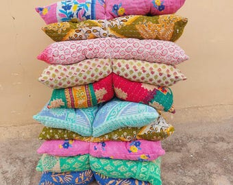 Set of 4 Handmade Kantha Cotton Chair Pads: Floral Patchwork Cushions