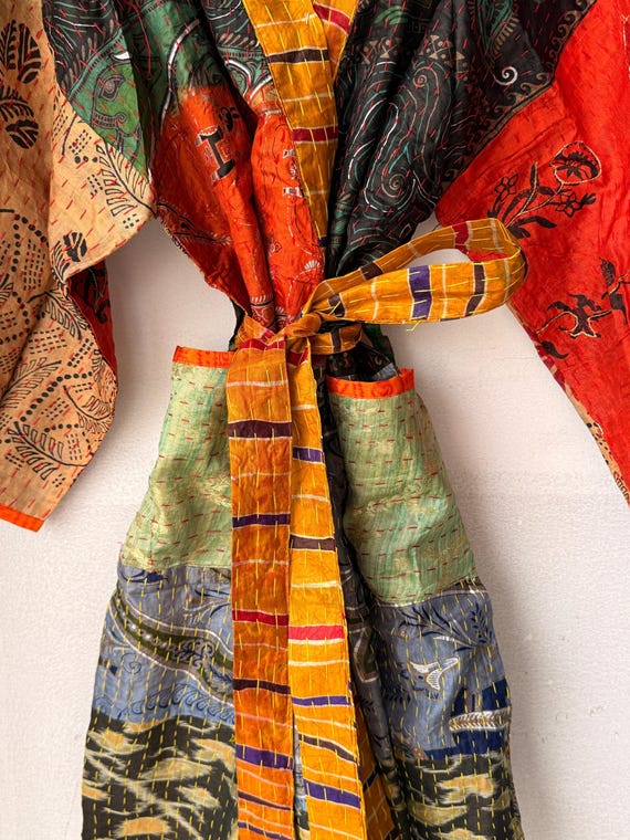 Handmade Patchwork Kantha silk Kimono, Bohemian R… - image 3