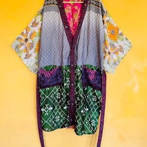 Boho Silk Kantha Kimono Robe, Handmade Patchwork Duster