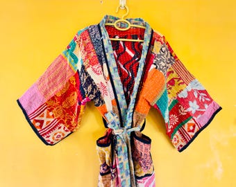 Vintage Bohemian Handmade Ptachwork Kantha Kimono Robe: Cotton Bath Robe, Long Shrug