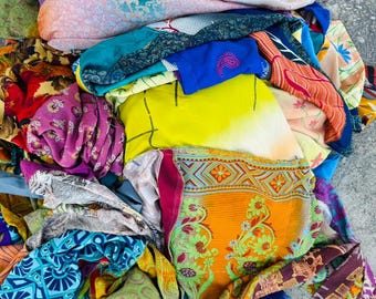 Vintage pure Silk Saree Lot for Crafting – Mixed Colors, Recycled Fabric Remnants 5 pcs