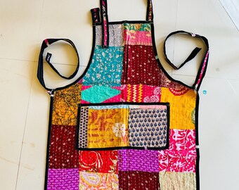 Vintage Quilted Kitchen Apron, Handmade Patchwork Cotton Apron