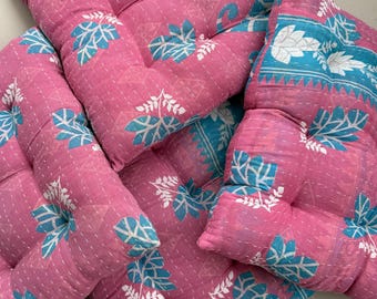 Assorted multicoloured Vintage Kantha Chair Pad: Handmade Floral Cotton Seat Cushion