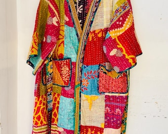 Vintage Handmade Kantha Patchwork Kimono Quilt Jacket Boho Kimono Coat Colorful Robe Festival Wear