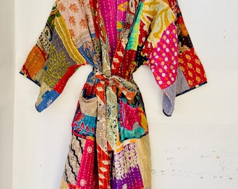 Vintage Handmade Kantha Patchwork Kimono Jacket Boho Kimono Coat Colorful Robe Festival Wear