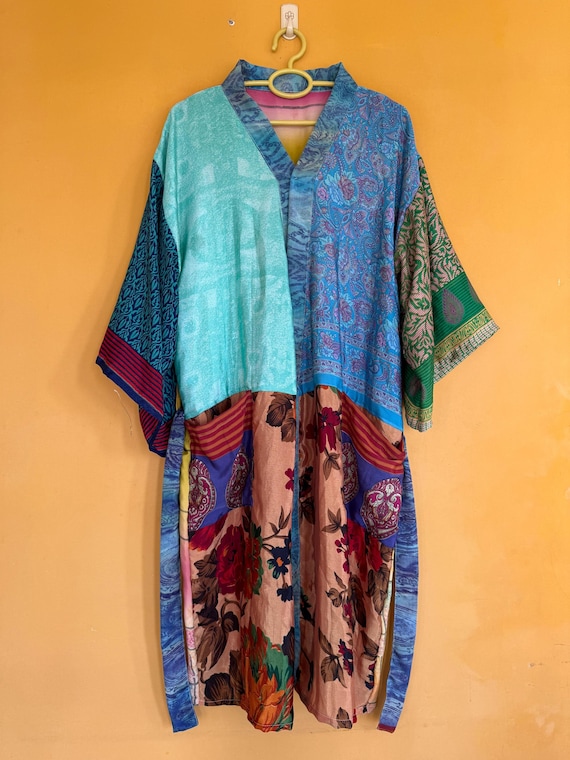 Handcrafted Silk Saree Kimono, Patchwork Duster C… - image 1
