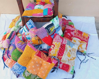 Vintage Kantha Patchwork Chair Pad: Handmade Cotton Seat Cushion