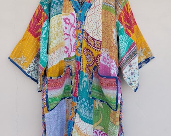 Diverse handgemaakte kantha-kimono, katoenen patchworkgewaad, boho-loungekleding