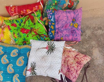 Vintage Kantha Floral Chair Cushion with Ties: 16x16 Inch Cotton Seat Pad