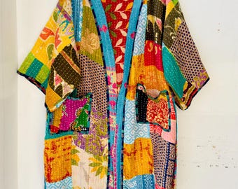 Vintage Handmade Kantha Patchwork Kimono Jacket Boho Kimono Coat Colorful Robe Festival Wear