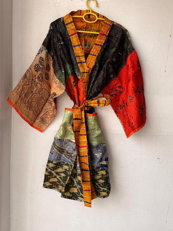 Handmade Patchwork Kantha silk Kimono, Bohemian R… - image 1