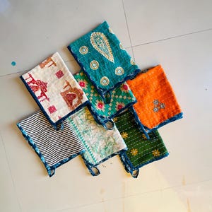 Handmade Kantha Kitchen Towel Set, Recycled Sari, Hanging Loop Towels 10 pcs