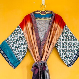 Mix Floral Patchwork Silk Kantha long Kimono Robe, Boho Duster Coat 1 Pcs
