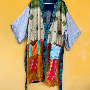 Mix Floral Patchwork Silk Kantha long Kimono Robe, Boho Duster Coat 1 Pcs
