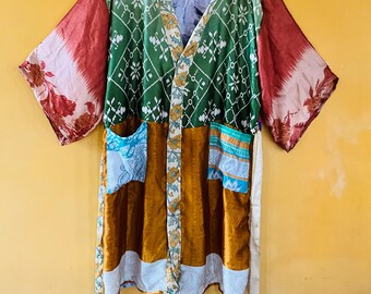 Handmade Silk Saree Kimono – Patchwork Recycled Sari Robe 1 Pcs