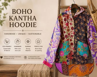 Handgemachte Vintage Kantha Kapuzenjacke - Indischer Patchwork Mantel aus recycelter Baumwolle mit Taschen