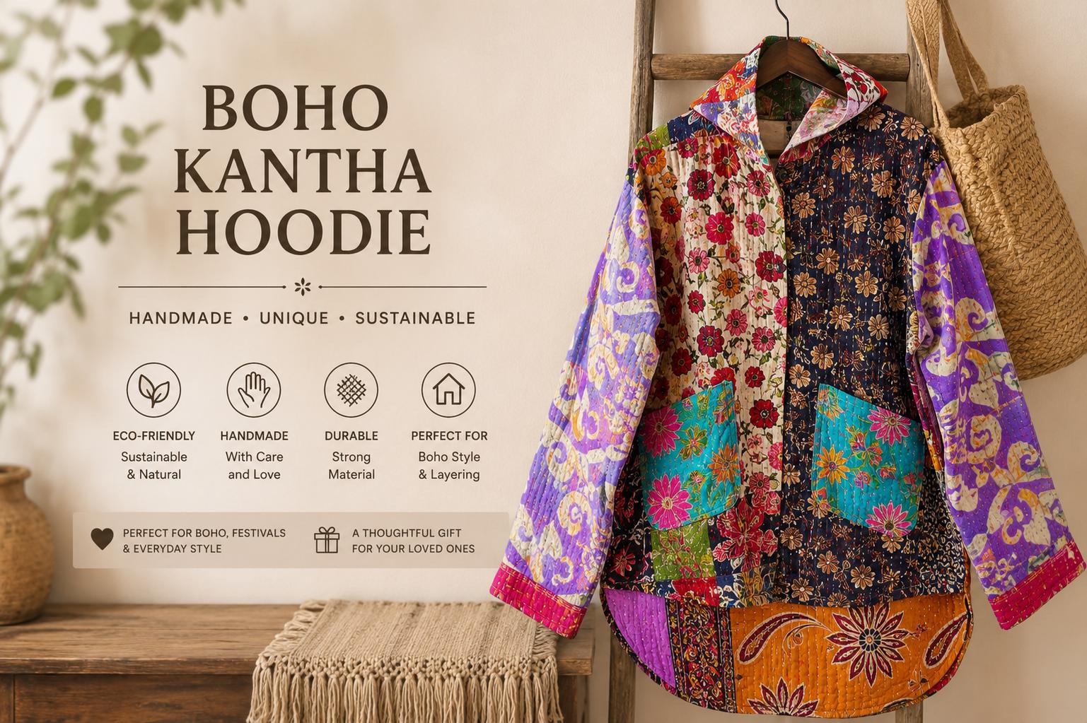 Handmade Vintage Kantha Hoodie Jacket - Recycled Indian Cotton Patchwork Boho Coat with Pockets