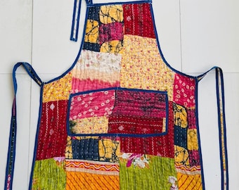 Avental artesanal vintage em patchwork Kantha: peça de cozinha boho reciclada