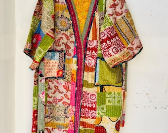 Vintage Handmade Kantha Patchwork Kimono Jacket Boho Kimono Coat Colorful Robe Festival Wear