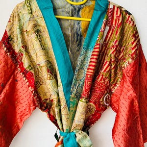 Kantha Silk Kimono Robe: Upcycled Sari Patchwork, Boho Loungewear