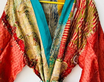 Kantha Silk Kimono Robe: Upcycled Sari Patchwork, Boho Loungewear
