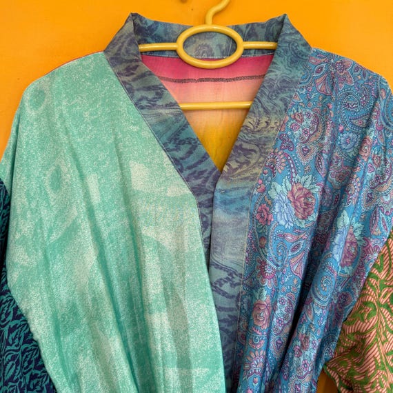 Handcrafted Silk Saree Kimono, Patchwork Duster C… - image 4
