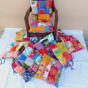 Indian Handmade kantha Chair Cushions With Ties,Dining Kitchen Chair Pad,Indoor Floor kantha chair pad, 16x16 inches Chair Pad
