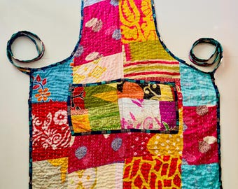 Handmade patchwork Kantha Apron: Vintage Boho Kitchen Wear