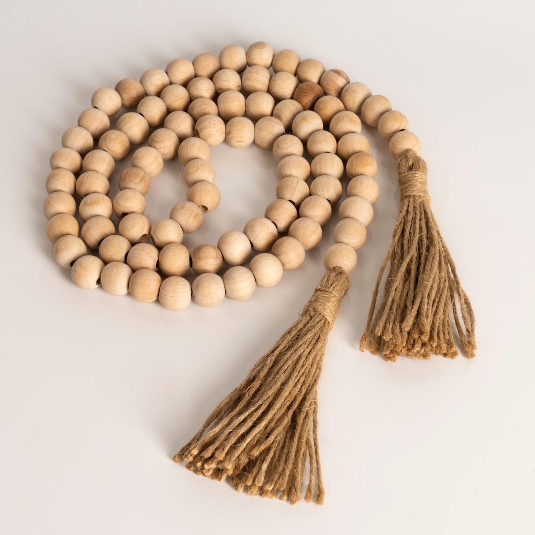 Handmade Natural Wooden Bead Garland With Jute Tassels – Boho Farmhouse ...