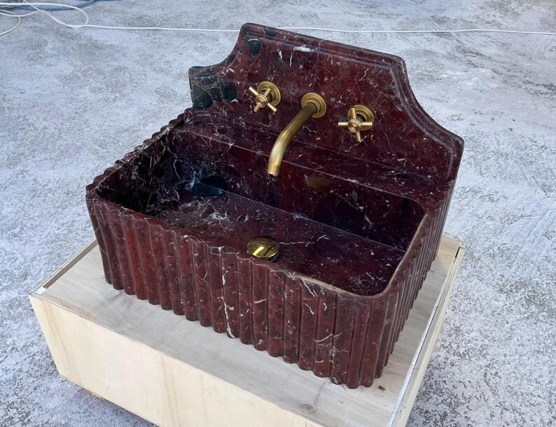 Custom Size Rosso Levanto Marble Sink , Rosso Levanto Marble Washbasin , Wall Mount Marble Sink , Rosso Levanto Marble Sink With Backsplash image 14