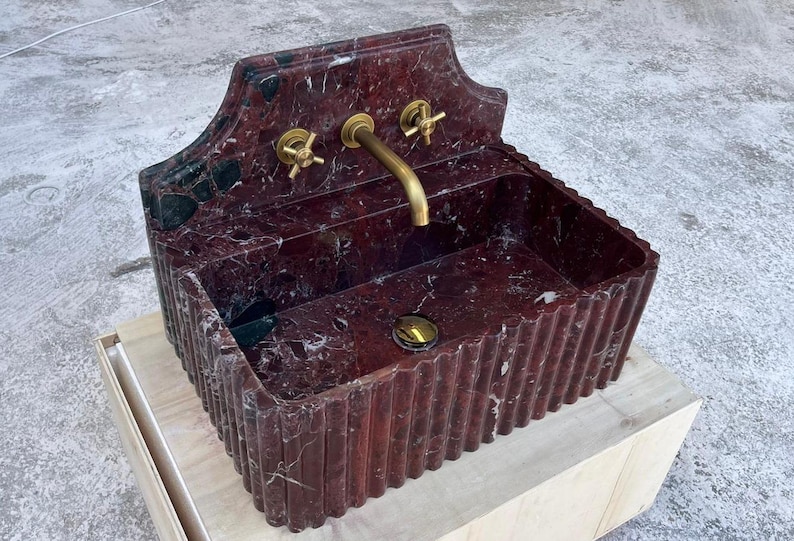 Custom Size Rosso Levanto Marble Sink , Rosso Levanto Marble Washbasin , Wall Mount Marble Sink , Rosso Levanto Marble Sink With Backsplash image 11