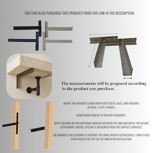 May include: An assortment of metal brackets and supports for various applications. The image includes examples of different bracket designs, along with text instructions for installation, including the use of bolts, nuts, and washers. The text also mentions the importance of proper leveling.