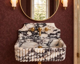 Calacatta Viola Marble Sink with Backsplash – Custom Size Handcarved Marble Washbasin, Wall Mounted Luxury Bathroom Sink