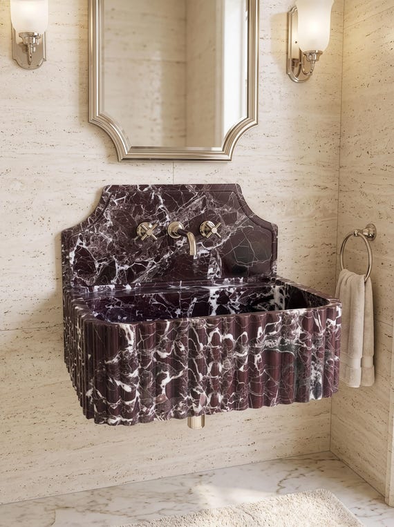 Custom Size Rosso Levanto Marble Sink , Rosso Levanto Marble Washbasin , Wall Mount Marble Sink , Rosso Levanto Marble Sink With Backsplash