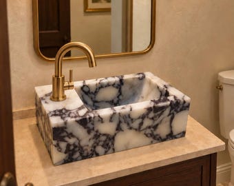Lavabo de mármol Calacatta Viola hecho a medida, lavabo mural tallado a mano, tocador de estilo rústico.