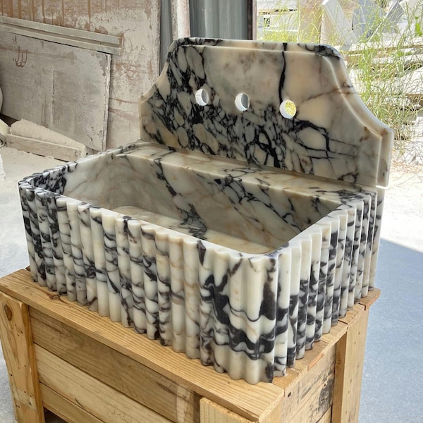 Custom Size Calacatta Viola Marble Sink , Marble Washbasin , Handcarved Sink , Wall Mount Marble Sink , Marble Sink With Backsplash
