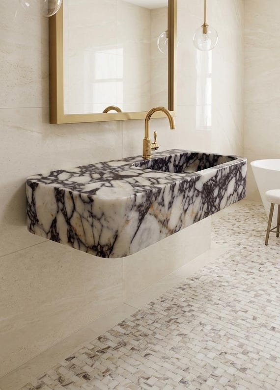 Calacatta Viola Countertop Basin , Marble Sink Vanity , Floating Marble Bathroom Sink
