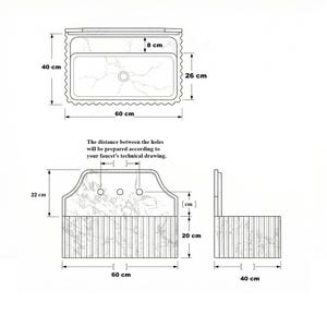 K&ouml;nnte beinhalten: Eine technische Zeichnung eines rechteckigen Waschbeckens mit Marmormuster und geriffelter Vorderseite. Die Ma&szlig;e betragen 60 cm Breite, 40 cm Tiefe und 22 cm H&ouml;he. Der Text besagt, dass der Lochabstand gem&auml;&szlig; Ihrer Armaturenzeichnung angepasst wird.