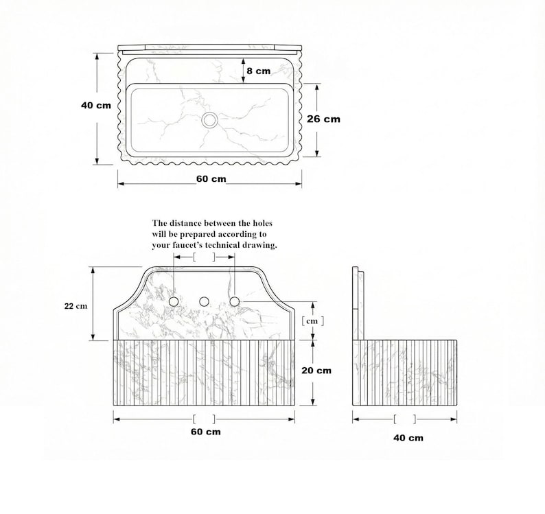 K&ouml;nnte beinhalten: Eine technische Zeichnung eines rechteckigen Waschbeckens mit Marmormuster und geriffelter Vorderseite. Die Ma&szlig;e betragen 60 cm Breite, 40 cm Tiefe und 22 cm H&ouml;he. Der Text besagt, dass der Lochabstand gem&auml;&szlig; Ihrer Armaturenzeichnung angepasst wird.