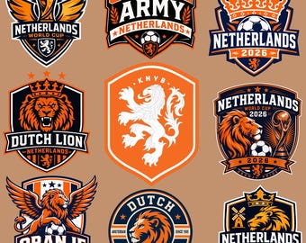 Nederlands voetbal logo bundel SVG png pdf, Nederlandse leeuw voetbal embleempakket, WK Oranje leger 2026 ontwerpen, digitaal, nederlands voetbal