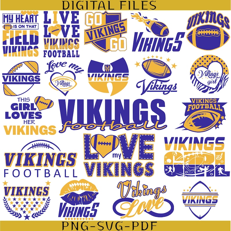 May include: A collection of digital graphic designs featuring purple and gold football themes. The images include text such as Vikings, Love My Vikings, and This Girl Loves Her Vikings, alongside illustrations of footballs, hearts, and lips.