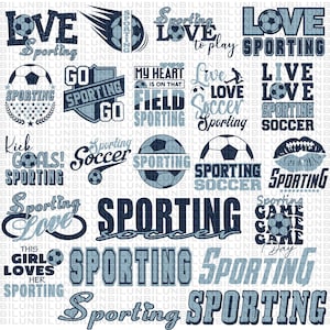 Puede incluir: Un collage de varios diseños con temática de fútbol en tonos azules y blancos. Los diseños incluyen balones de fútbol, texto como "Love Sporting", "Kick Goals!" y "Soccer". El tema general es el deporte y el fútbol.