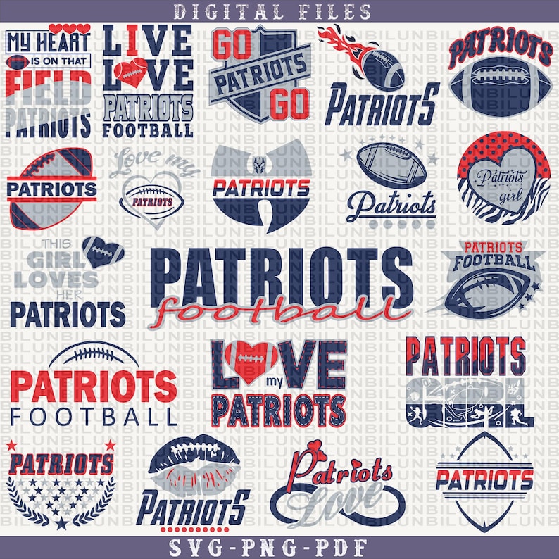 Puede incluir: Un archivo digital con varios dise&ntilde;os con la palabra "Patriots" y gr&aacute;ficos relacionados con el f&uacute;tbol americano. Los dise&ntilde;os incluyen texto como "Live Love Patriots Football" y "My Heart is on that Field". La combinaci&oacute;n de colores es principalmente rojo, blanco y azul.