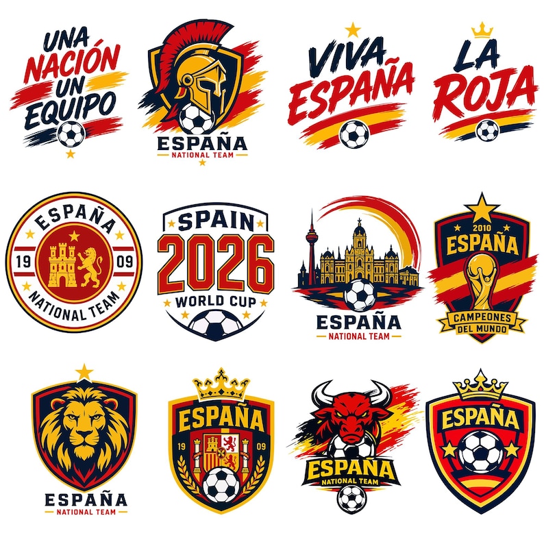 Peut inclure: Une collection de douze embl&egrave;mes graphiques sur le th&egrave;me de l'&eacute;quipe nationale de football d'Espagne, incluant des textes comme Una Nacion Un Equipo, Viva Espa&ntilde;a, La Roja, Spain 2026 World Cup et Espa&ntilde;a National Team, avec des lions et ballons.