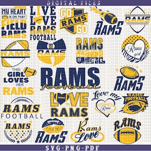Może przedstawiać: Zbiór plików cyfrowych z różnymi wzorami związanymi z drużyną futbolu amerykańskiego Rams. Projekty zawierają tekst, taki jak "Rams", "Football" i "Love", wraz z grafiką futbolową w kolorze granatowym i złotym. Pliki są dostępne w formatach SVG, PNG i PDF.