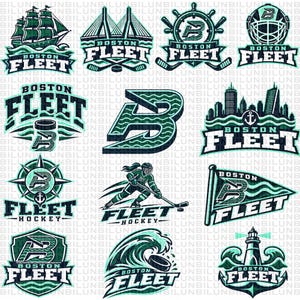 May include: A collection of Boston Fleet hockey logos in teal and dark blue, featuring imagery of a sailing ship, suspension bridge, ship wheel, hockey goalie mask, city skyline, anchor, hockey player, pennant flag, and lighthouse.