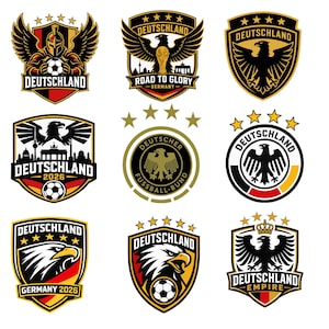 May include: A collection of nine graphic emblems featuring German national symbols, including eagles, footballs, and the text Deutschland, Germany 2026, Road to Glory, and Deutschland Empire, rendered in black, gold, red, and white colour schemes.