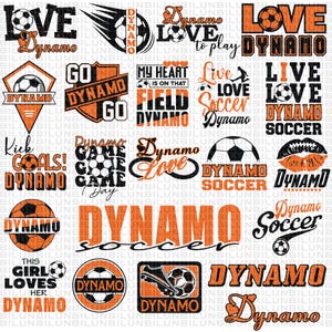 May include: A collection of orange and black soccer-themed graphics and text elements, including soccer balls, the word "Dynamo," and phrases like "Love Soccer" and "Kick Goals! Dynamo." The designs are suitable for apparel or accessories.